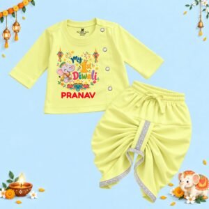 The Peppy Tend 100% Cotton Knit Full Sleeves My 1st Diwali Printed Kurta Dhoti Set