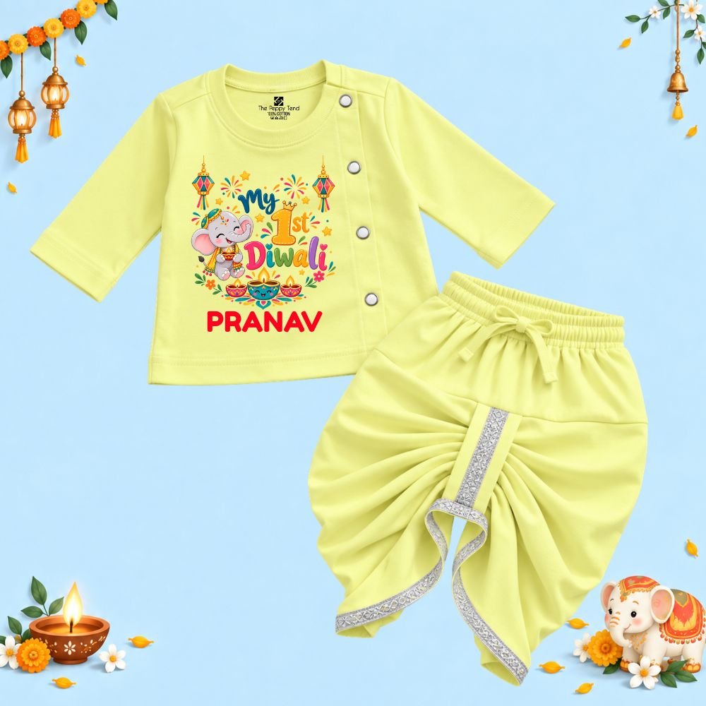 The Peppy Tend 100% Cotton Knit Full Sleeves My 1st Diwali Printed Kurta Dhoti Set - Image 1