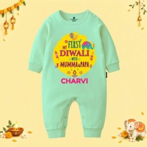The Peppy Tend 100% Cotton Knit Full Sleeves My First Diwali With Mumma Papa Printed Full Romper