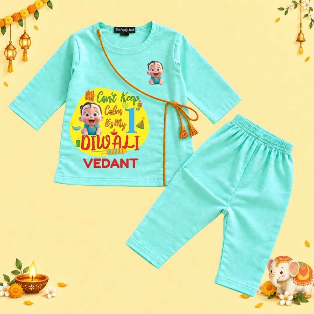 The Peppy Tend 100% Cotton Woven Full Sleeves Can't Keep Calm It's My 1st Diwali Printed Kurta Pyjama Set - Image 1