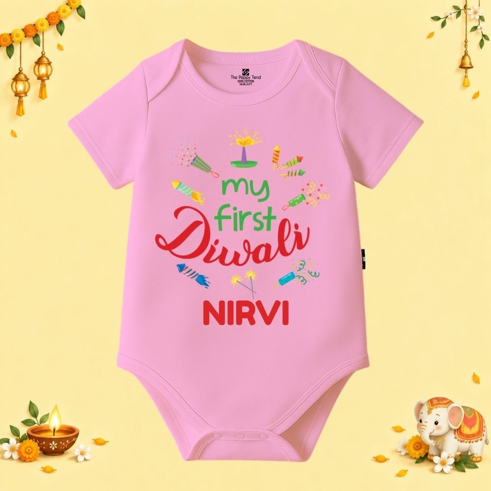 The Peppy Tend 100% Cotton Knit Half Sleeves My First Diwali Printed Half Onesie - Image 1