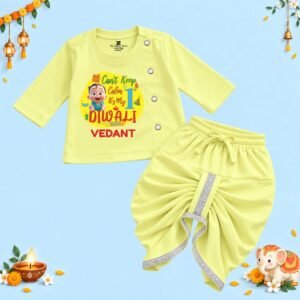 The Peppy Tend 100% Cotton Knit Full Sleeves Can't Keep Calm It's My 1st Diwali Printed Kurta Dhoti Set