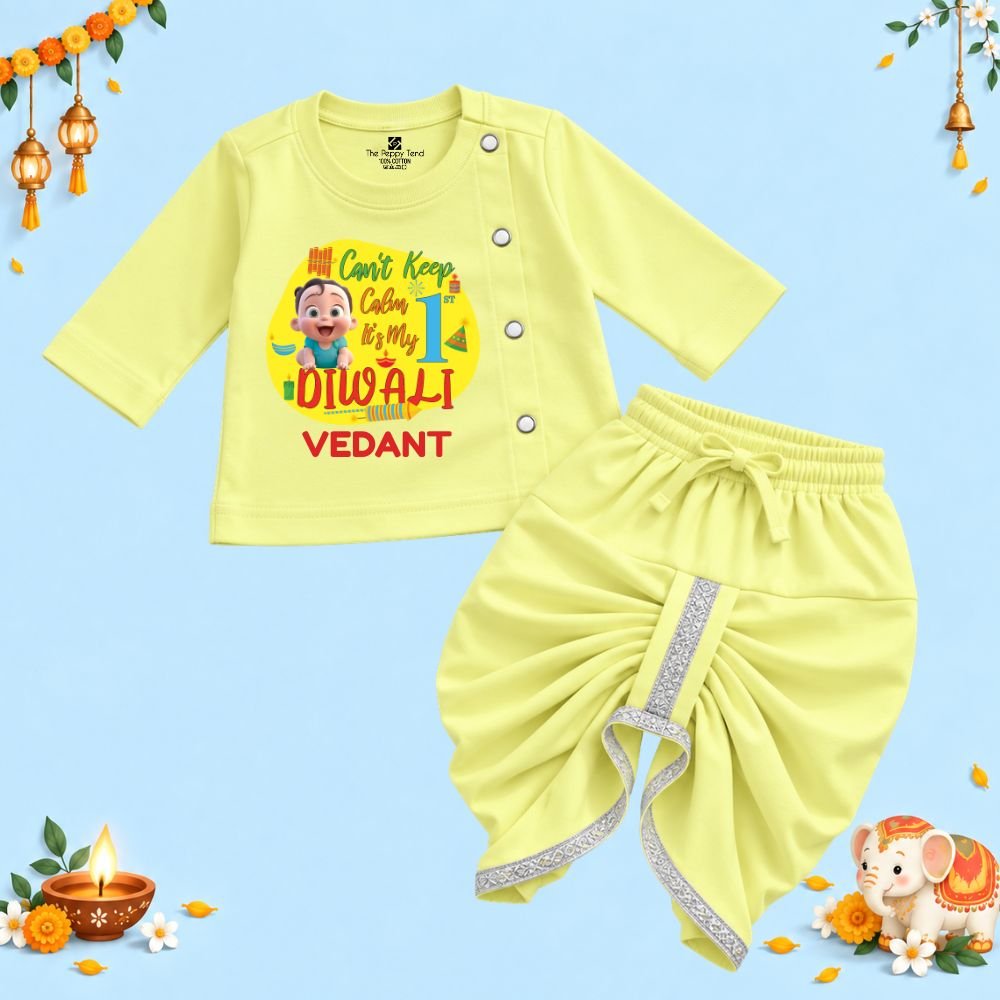 The Peppy Tend 100% Cotton Knit Full Sleeves Can't Keep Calm It's My 1st Diwali Printed Kurta Dhoti Set - Image 1