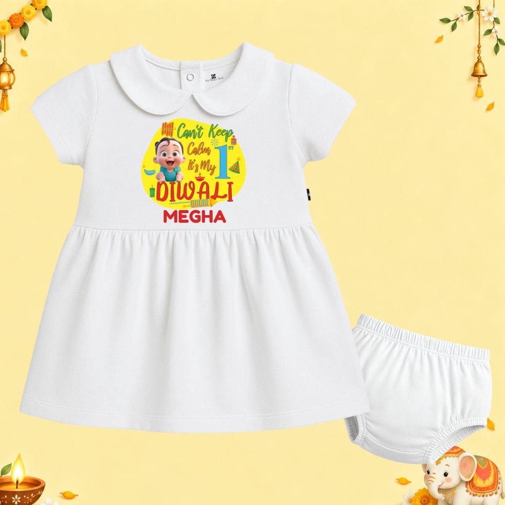 The Peppy Tend 100% Cotton Knit Half Sleeves Can't Keep Calm It's My 1st Diwali Printed Frock Bloomer Set - Image 1