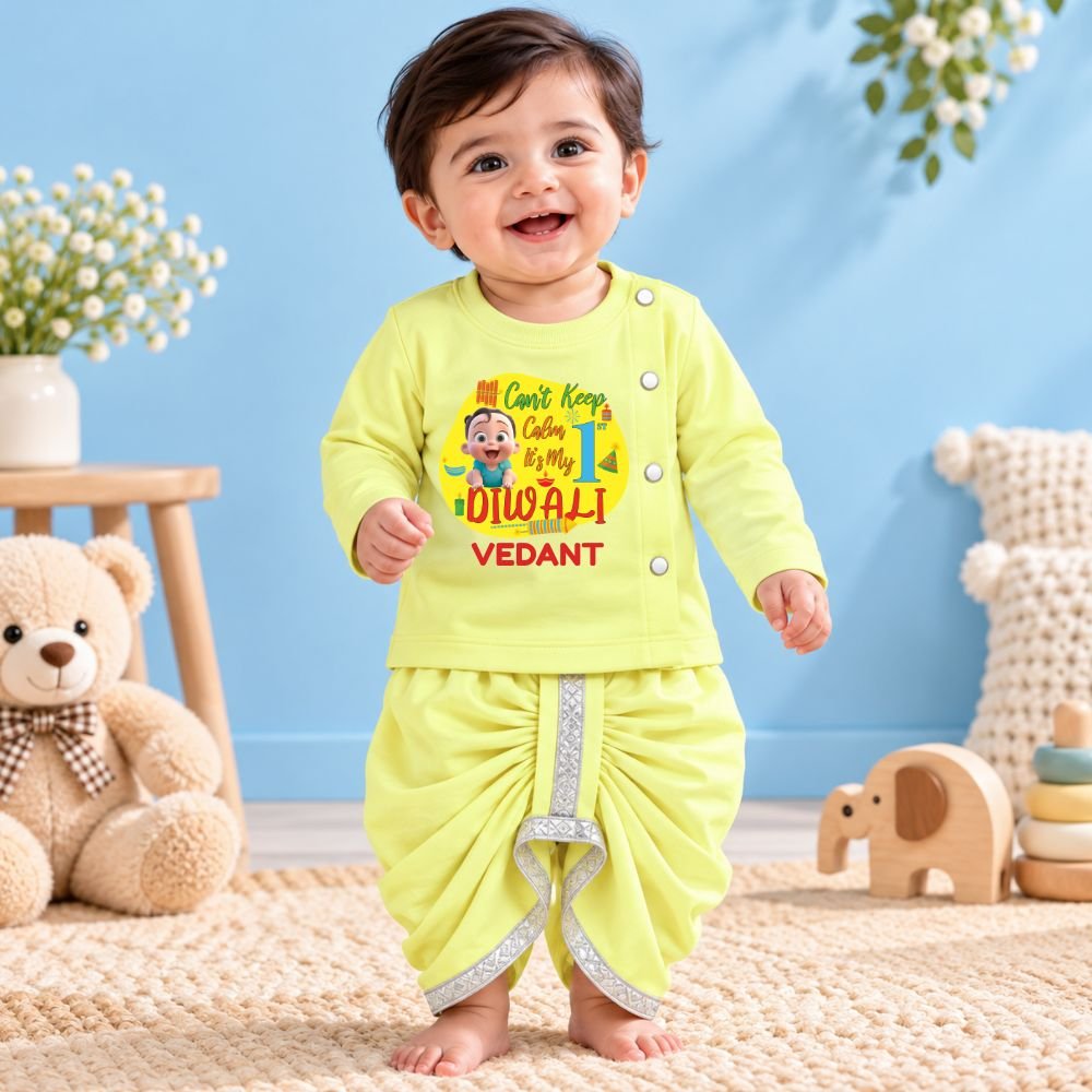 The Peppy Tend 100% Cotton Knit Full Sleeves Can't Keep Calm It's My 1st Diwali Printed Kurta Dhoti Set - Image 2