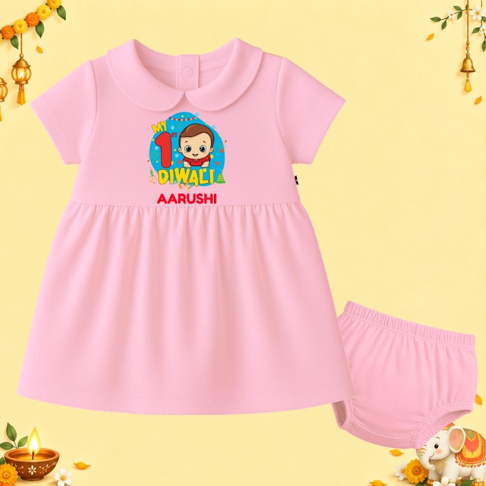 The Peppy Tend 100% Cotton Knit Half Sleeves My 1st Diwali Printed Frock Bloomer Set - Image 1