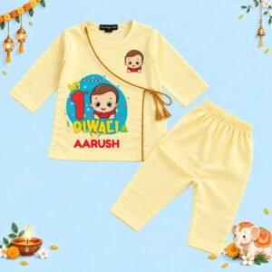 The Peppy Tend 100% Cotton Woven Full Sleeves My 1st Diwali Printed Kurta Pyjama Set