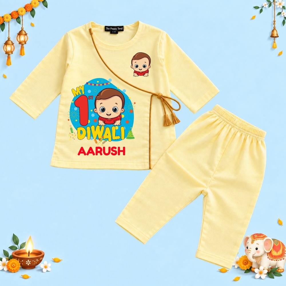 The Peppy Tend 100% Cotton Woven Full Sleeves My 1st Diwali Printed Kurta Pyjama Set - Image 1