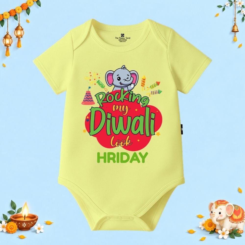 The Peppy Tend 100% Cotton Knit Half Sleeves Rocking My Diwali Look Printed Half Onesie - Image 1