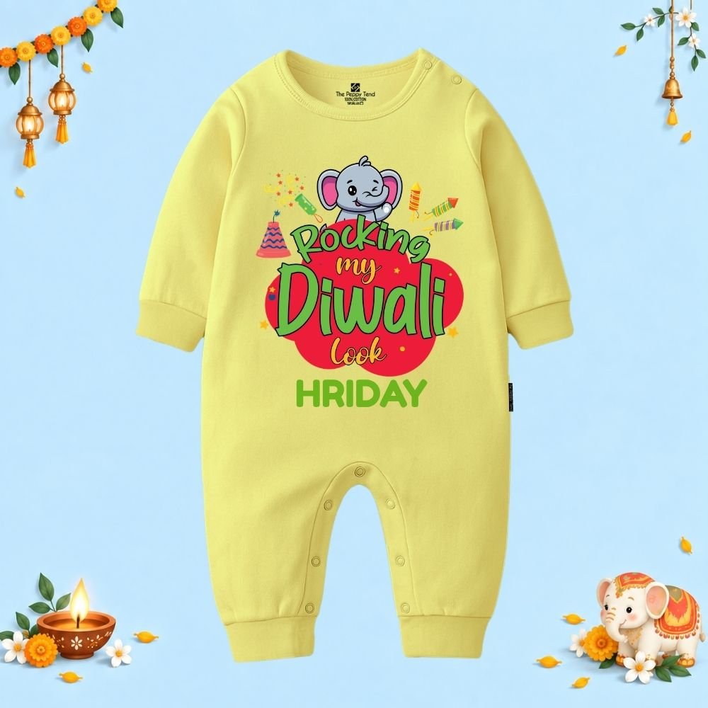 The Peppy Tend 100% Cotton Knit Full Sleeves Rocking My Diwali Look Printed Full Romper - Image 1