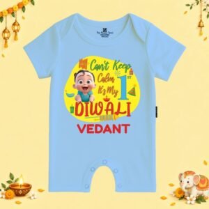 The Peppy Tend 100% Cotton Knit Half Sleeves Can't Keep Calm It's My 1st Diwali Printed Half Romper