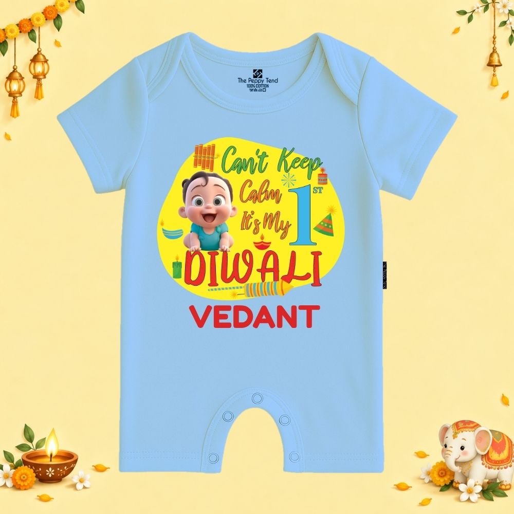 The Peppy Tend 100% Cotton Knit Half Sleeves Can't Keep Calm It's My 1st Diwali Printed Half Romper - Image 1