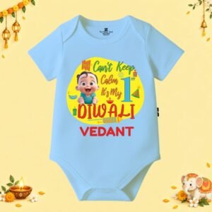 The Peppy Tend 100% Cotton Knit Half Sleeves Can't Keep Calm It's My 1st Diwali Printed Half Onesie