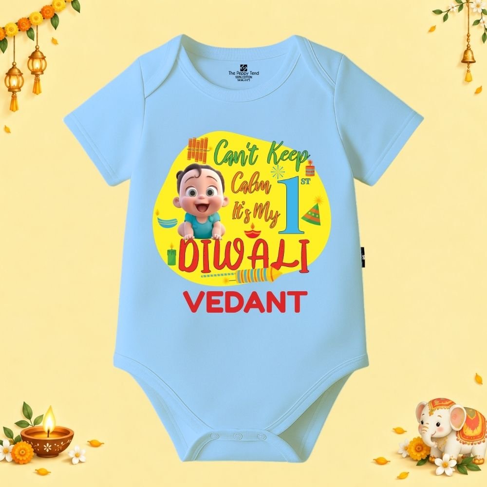The Peppy Tend 100% Cotton Knit Half Sleeves Can't Keep Calm It's My 1st Diwali Printed Half Onesie - Image 1