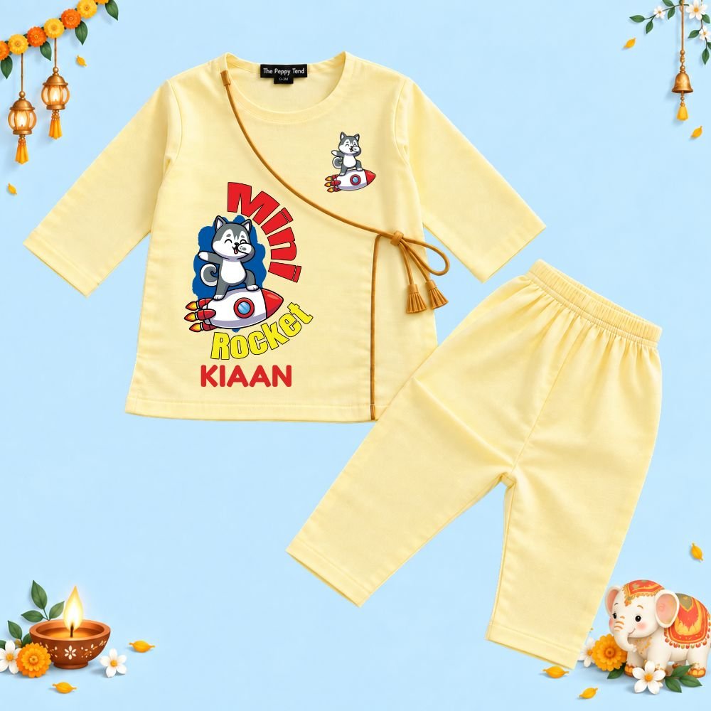 The Peppy Tend 100% Cotton Woven Full Sleeves Mini Rocket Printed Kurta Pyjama Set - Image 1