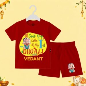 The Peppy Tend 100% Cotton Knit Half Sleeves Can't Keep Calm It's My 1st Diwali Printed T-Shirt Shorts Set