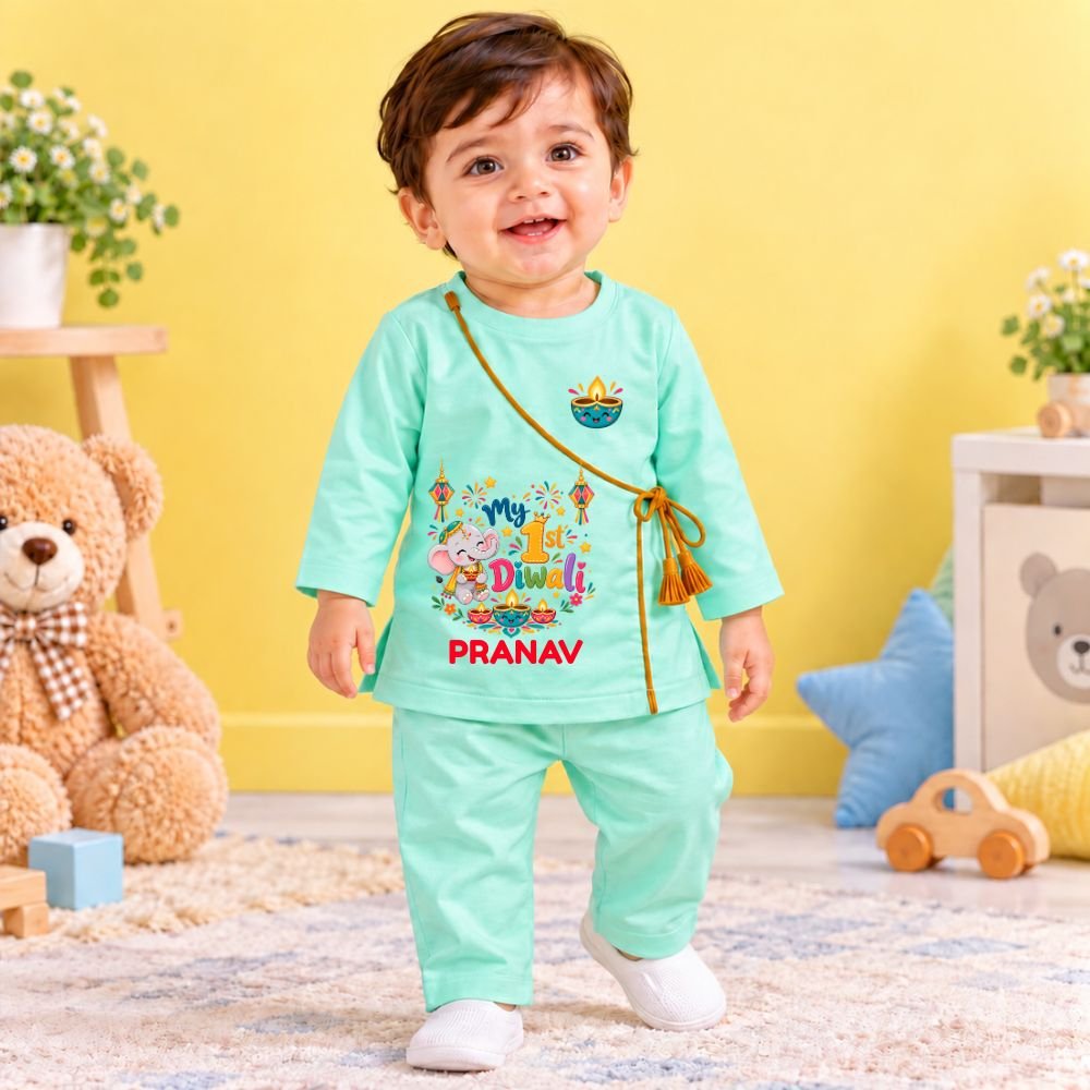 The Peppy Tend 100% Cotton Woven Full Sleeves My 1st Diwali Printed Kurta Pyjama Set - Image 2