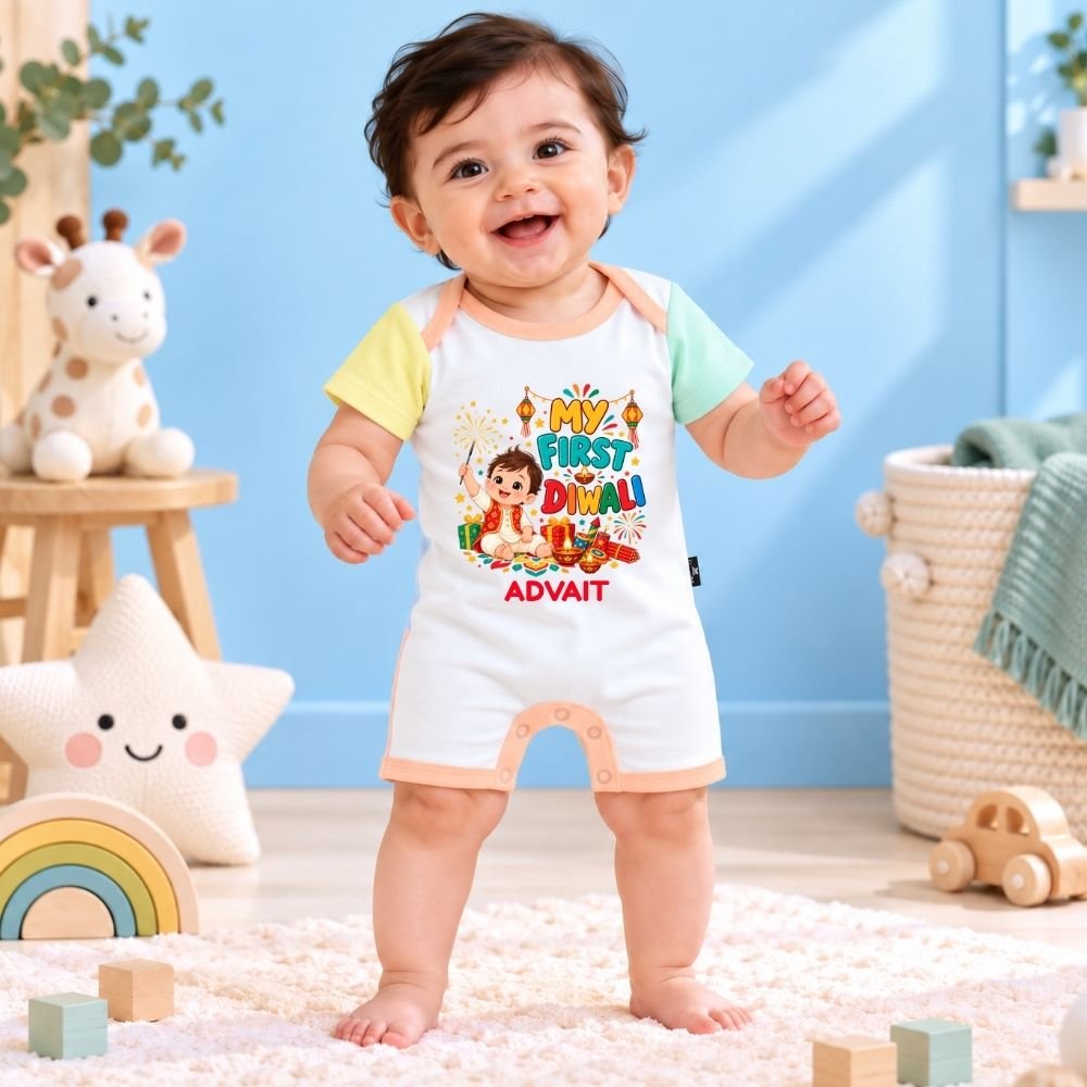 The Peppy Tend 100% Cotton Knit Half Sleeves My First Diwali Boy Printed Half Romper - Image 2