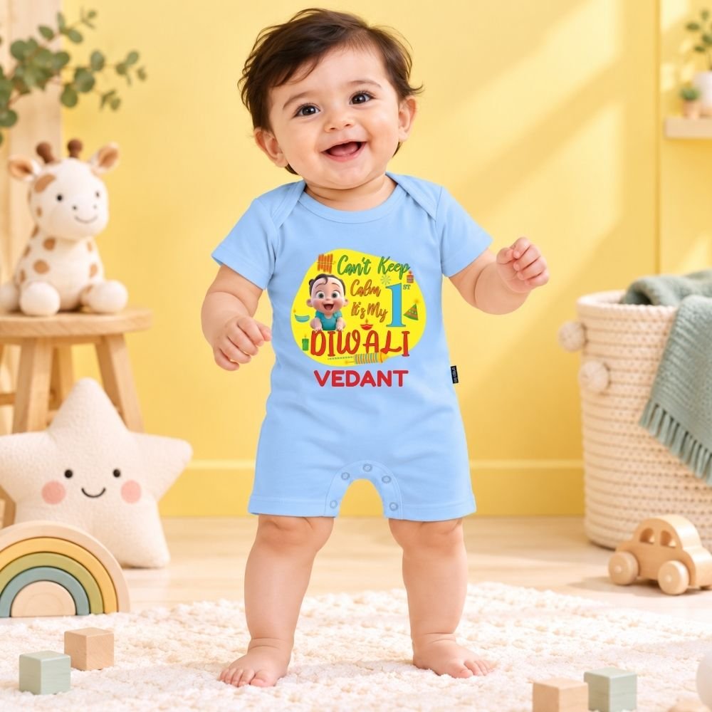 The Peppy Tend 100% Cotton Knit Half Sleeves Can't Keep Calm It's My 1st Diwali Printed Half Romper - Image 2