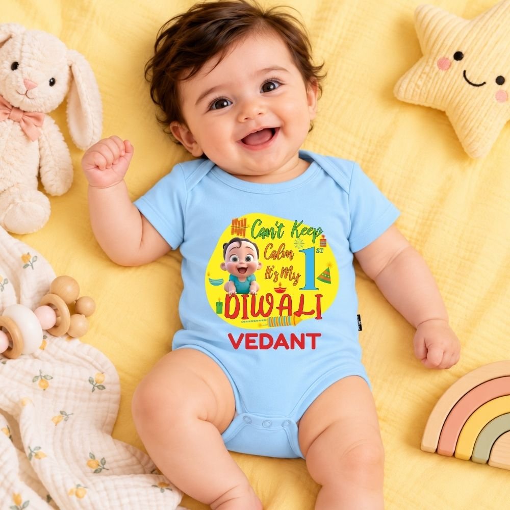 The Peppy Tend 100% Cotton Knit Half Sleeves Can't Keep Calm It's My 1st Diwali Printed Half Onesie - Image 2