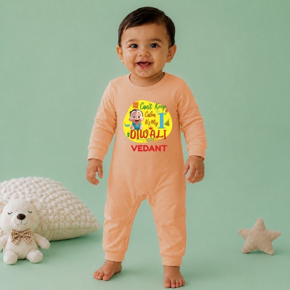 The Peppy Tend 100% Cotton Knit Full Sleeves Can't Keep Calm It's My 1st Diwali Printed Full Romper - Image 2