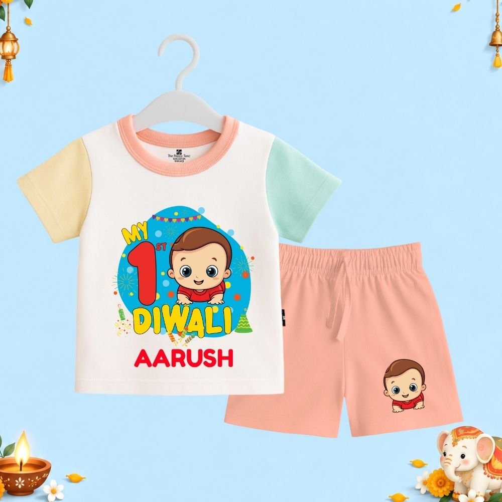 The Peppy Tend 100% Cotton Knit Half Sleeves My 1st Diwali Printed T-Shirt Shorts Set - Image 1