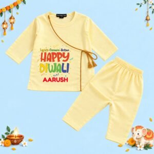 The Peppy Tend 100% Cotton Woven Full Sleeves Lights.Camera.Action Happy Diwali Printed Kurta Pyjama Set