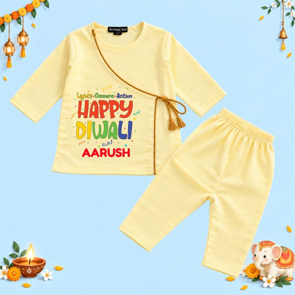 The Peppy Tend 100% Cotton Woven Full Sleeves Lights.Camera.Action Happy Diwali Printed Kurta Pyjama Set - Image 1