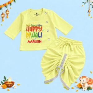 The Peppy Tend 100% Cotton Knit Full Sleeves Lights.Camera.Action Happy Diwali Printed Kurta Dhoti Set