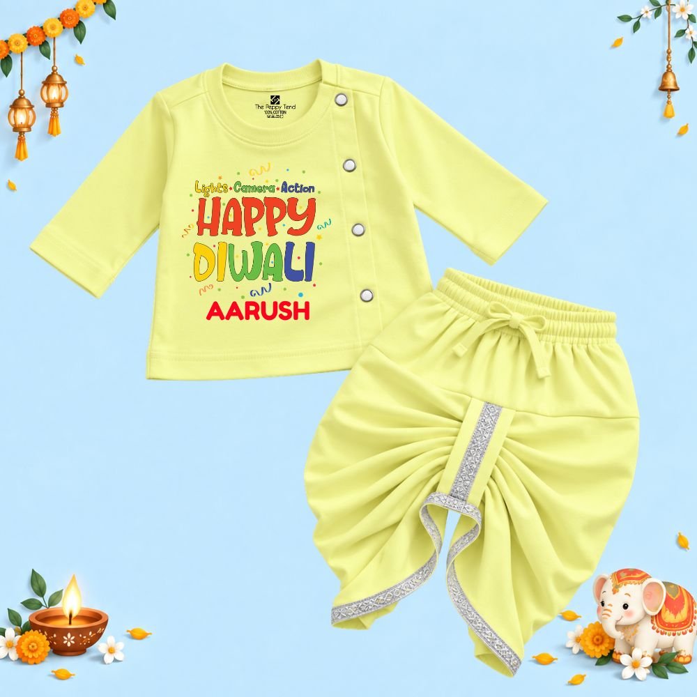 The Peppy Tend 100% Cotton Knit Full Sleeves Lights.Camera.Action Happy Diwali Printed Kurta Dhoti Set - Image 1