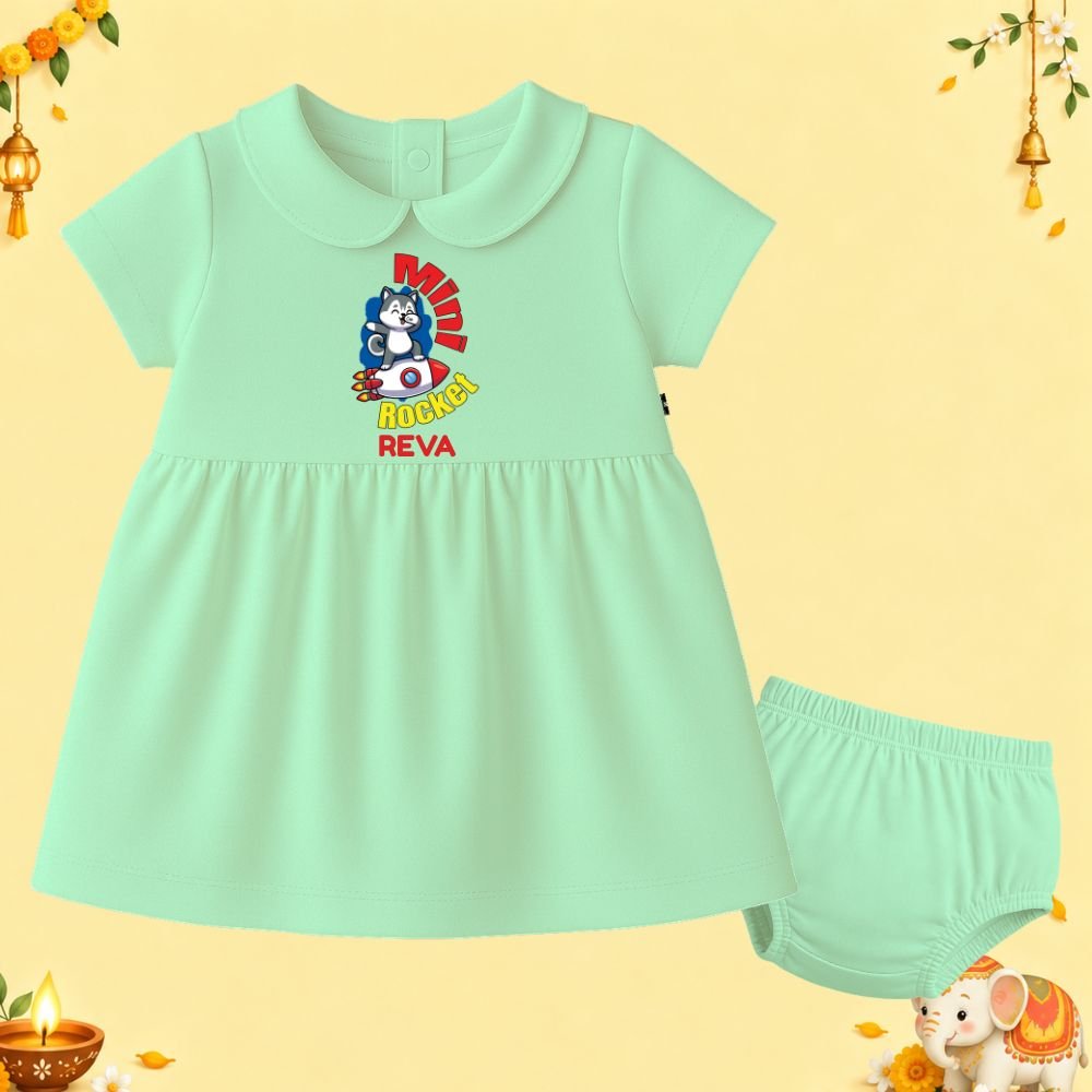 The Peppy Tend 100% Cotton Knit Half Sleeves Mini Rocket Printed Frock Bloomer Set - Image 1