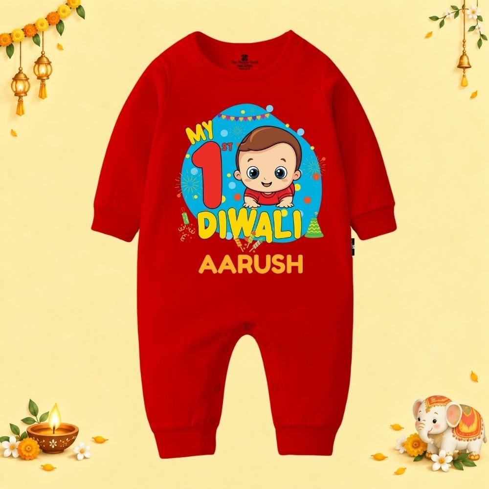 The Peppy Tend 100% Cotton Knit Full Sleeves My 1st Diwali Printed Full Romper - Image 1