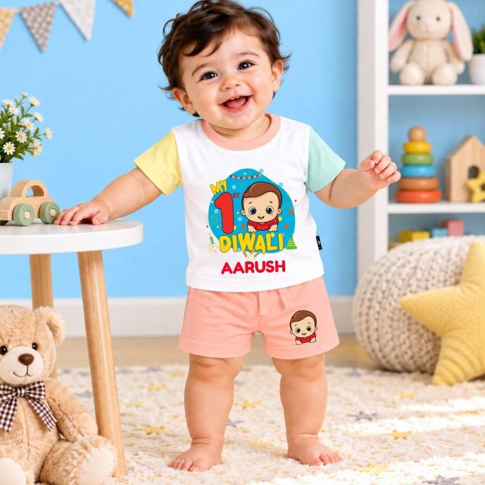 The Peppy Tend 100% Cotton Knit Half Sleeves My 1st Diwali Printed T-Shirt Shorts Set - Image 2