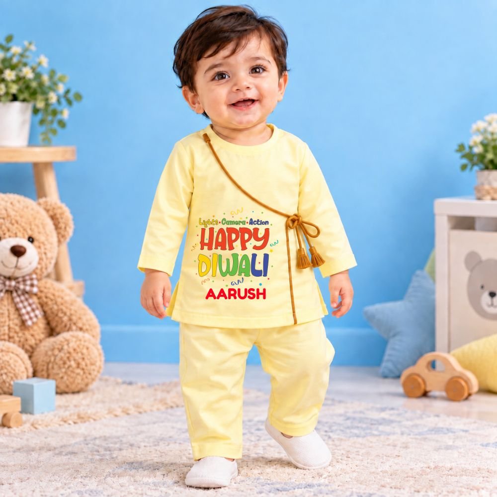 The Peppy Tend 100% Cotton Woven Full Sleeves Lights.Camera.Action Happy Diwali Printed Kurta Pyjama Set - Image 2