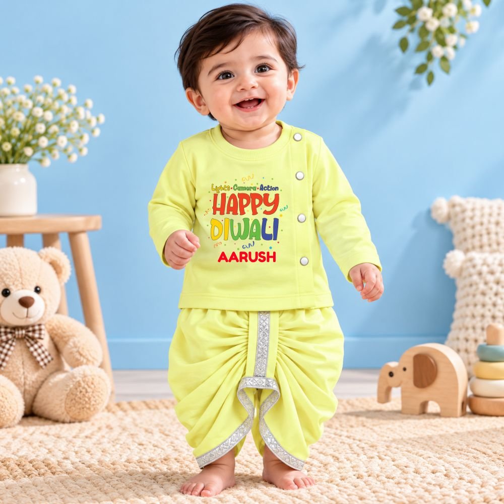 The Peppy Tend 100% Cotton Knit Full Sleeves Lights.Camera.Action Happy Diwali Printed Kurta Dhoti Set - Image 2