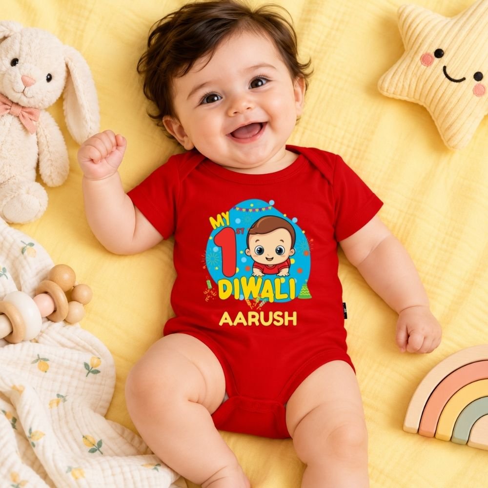 The Peppy Tend 100% Cotton Knit Half Sleeves My 1st Diwali Printed Half Onesie - Image 2