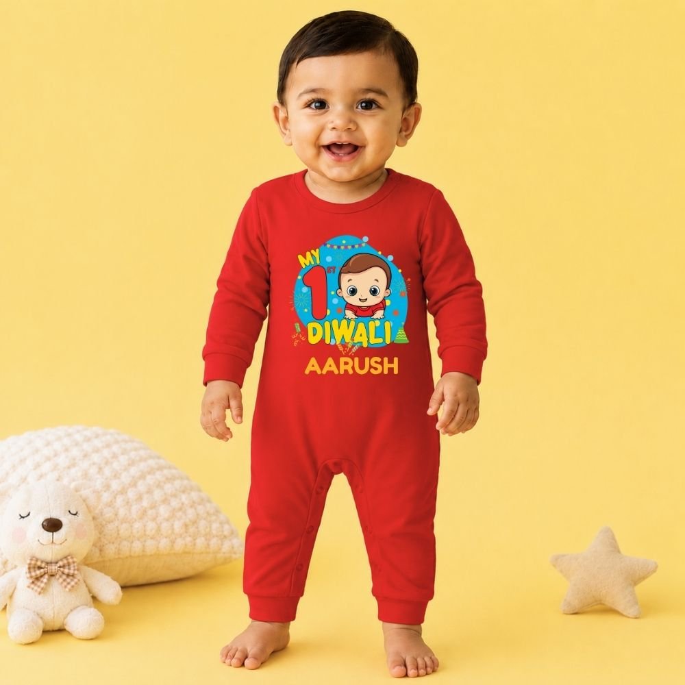 The Peppy Tend 100% Cotton Knit Full Sleeves My 1st Diwali Printed Full Romper - Image 2