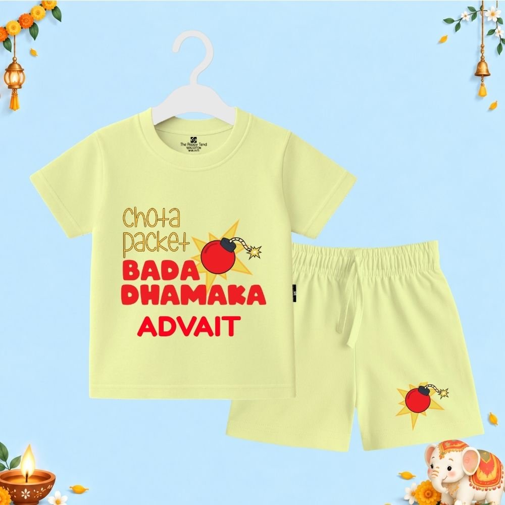 The Peppy Tend 100% Cotton Knit Half Sleeves Chota Packet Bada Dhamaka Printed T-Shirt Shorts Set - Image 1