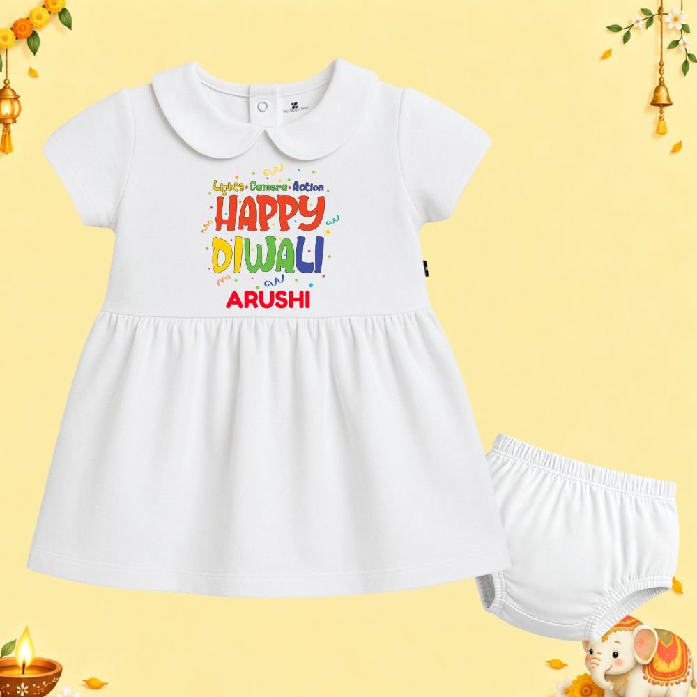 The Peppy Tend 100% Cotton Knit Half Sleeves Lights.Camera.Action Happy Diwali Printed Frock Bloomer Set - Image 1