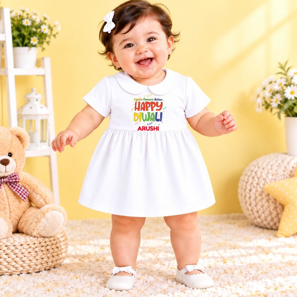 The Peppy Tend 100% Cotton Knit Half Sleeves Lights.Camera.Action Happy Diwali Printed Frock Bloomer Set - Image 2