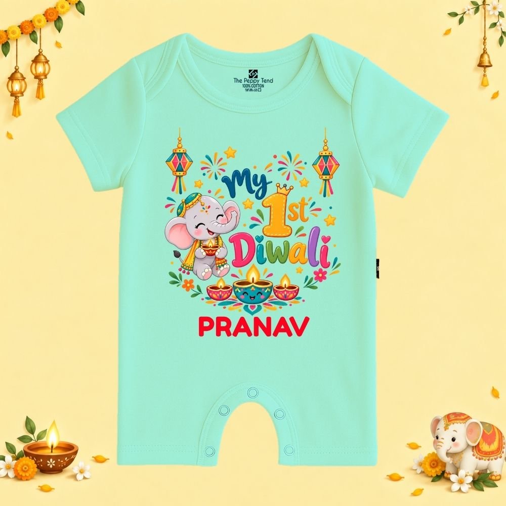 The Peppy Tend 100% Cotton Knit Half Sleeves My 1st Diwali Printed Half Romper - Image 1
