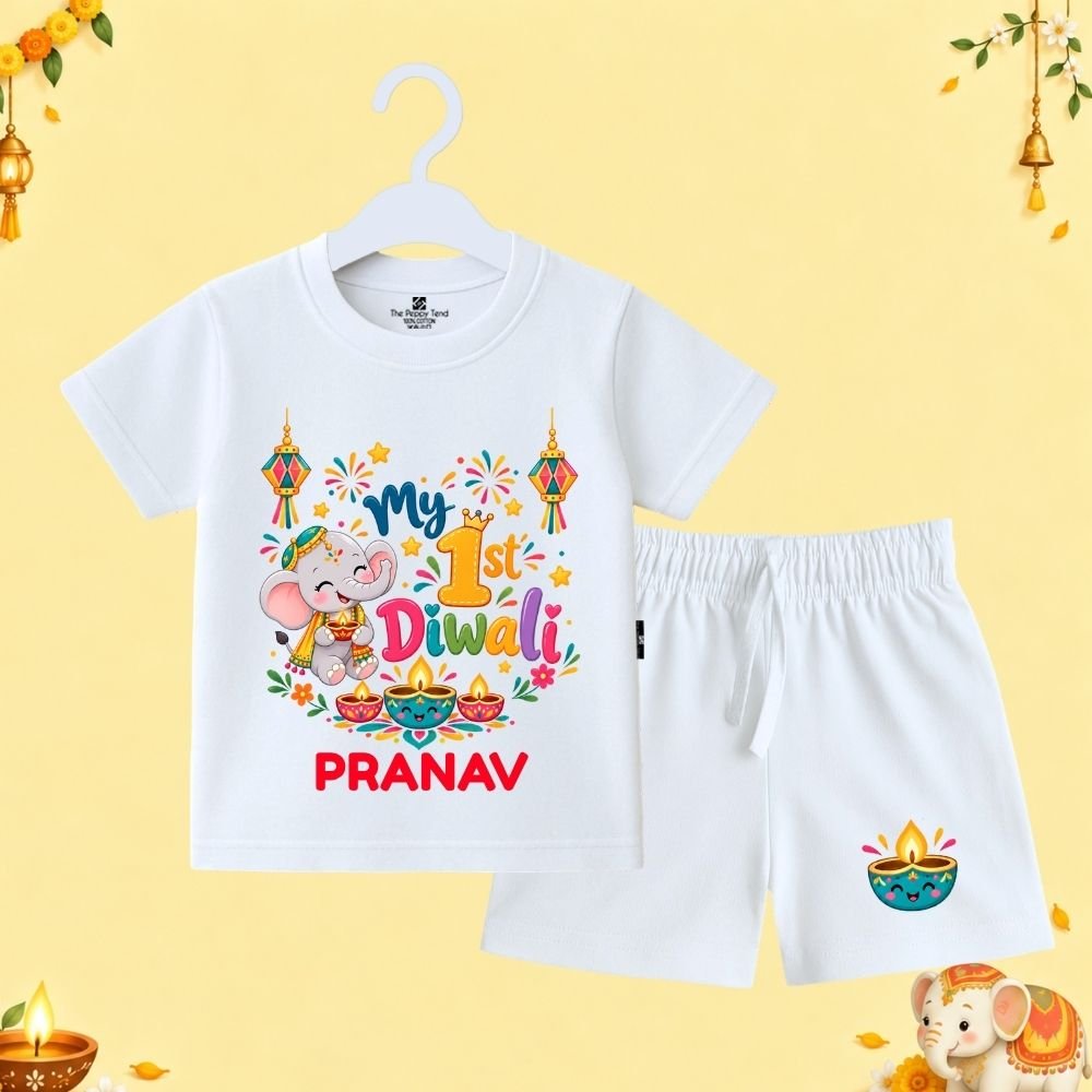The Peppy Tend 100% Cotton Knit Half Sleeves My 1st Diwali Printed T-Shirt Shorts Set - Image 1