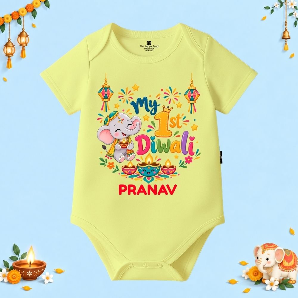 The Peppy Tend 100% Cotton Knit Half Sleeves My 1st Diwali Printed Half Onesie - Image 1