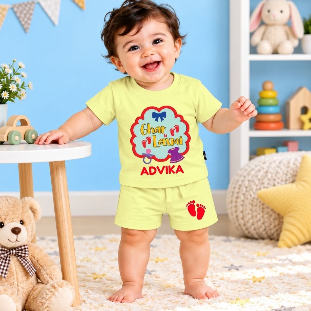The Peppy Tend 100% Cotton Knit Half Sleeves Ghar Ki Lakshmi Printed T-Shirt Shorts Set - Image 2