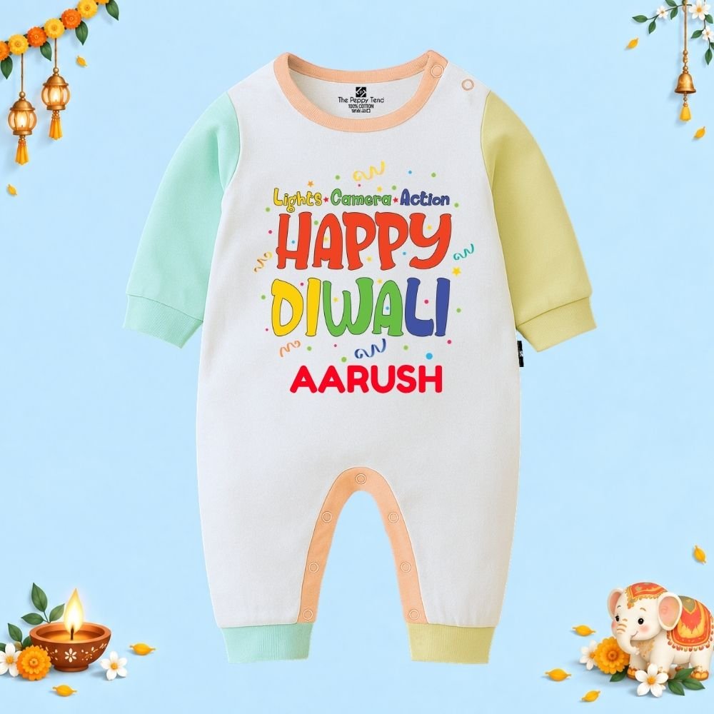 The Peppy Tend 100% Cotton Knit Full Sleeves Lights.Camera.Action Happy Diwali Printed Full Romper - Image 1