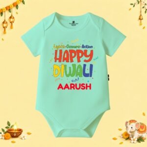 The Peppy Tend 100% Cotton Knit Half Sleeves Lights.Camera.Action Happy Diwali Printed Half Onesie