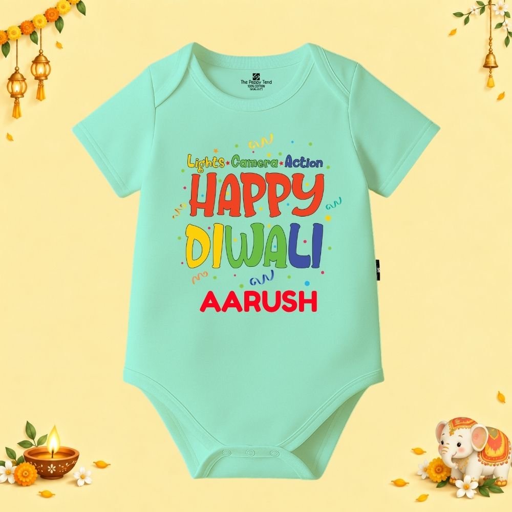 The Peppy Tend 100% Cotton Knit Half Sleeves Lights.Camera.Action Happy Diwali Printed Half Onesie - Image 1