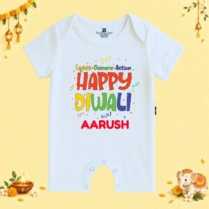 The Peppy Tend 100% Cotton Knit Half Sleeves Lights.Camera.Action Happy Diwali Printed Half Romper