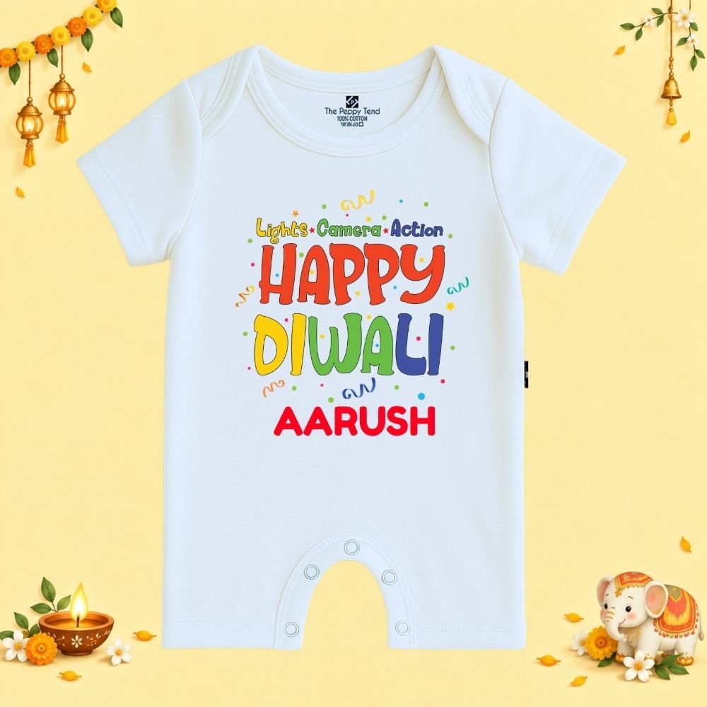 The Peppy Tend 100% Cotton Knit Half Sleeves Lights.Camera.Action Happy Diwali Printed Half Romper - Image 1