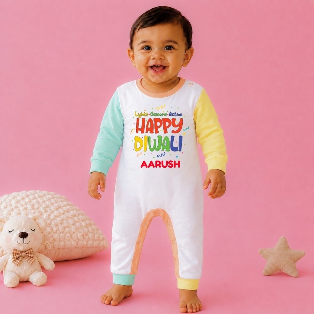 The Peppy Tend 100% Cotton Knit Full Sleeves Lights.Camera.Action Happy Diwali Printed Full Romper - Image 2